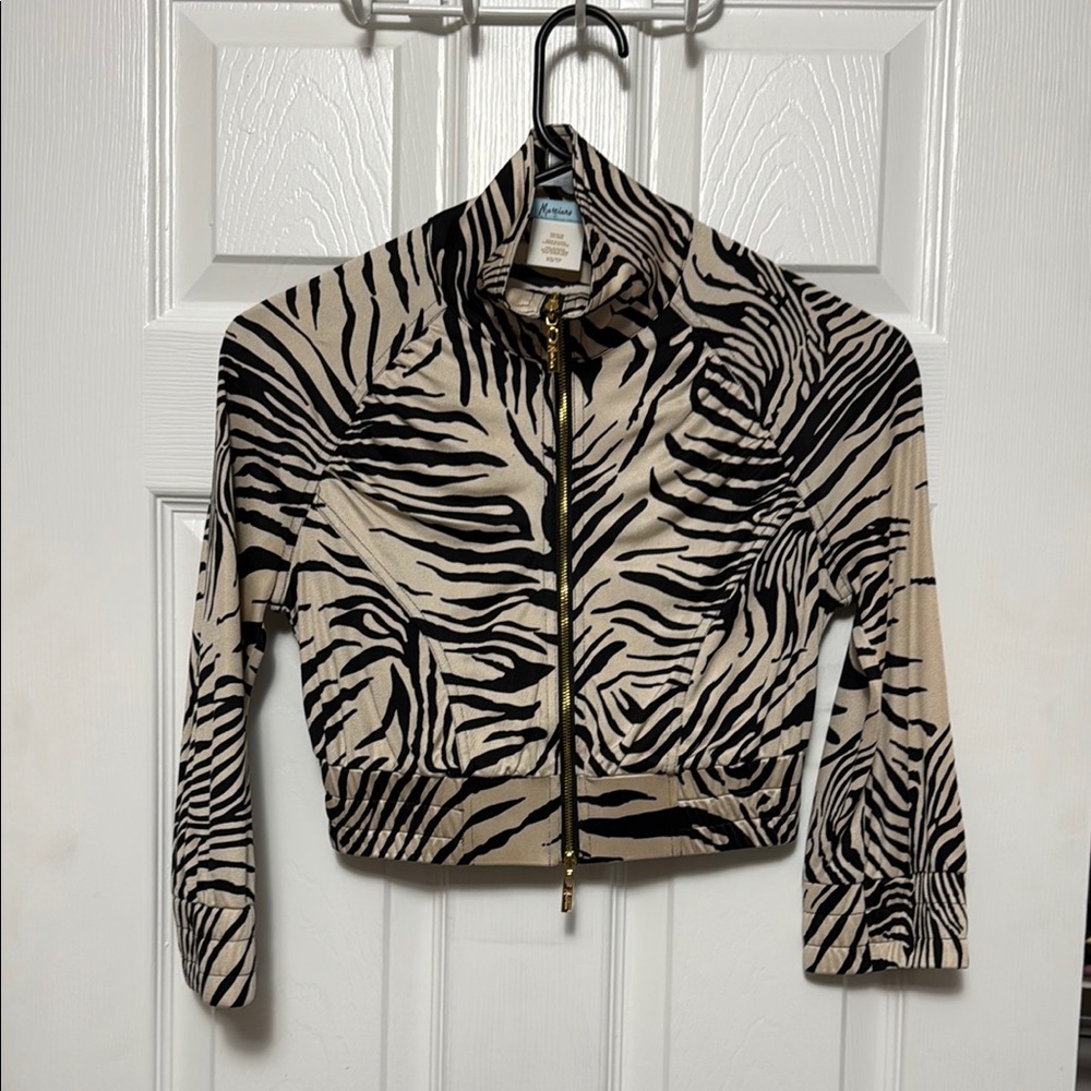 Marciano Black and Cream Bomber Jacket with Bold Zebra Print